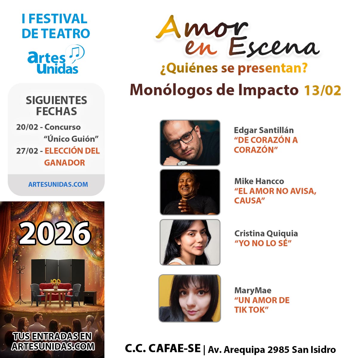 Presentaciones del día 13 de febrero 1er Festival de Teatro Artes Unidas 2026 Presentaciones del día 13 de febrero 1er Festival de Teatro Artes Unidas 2026