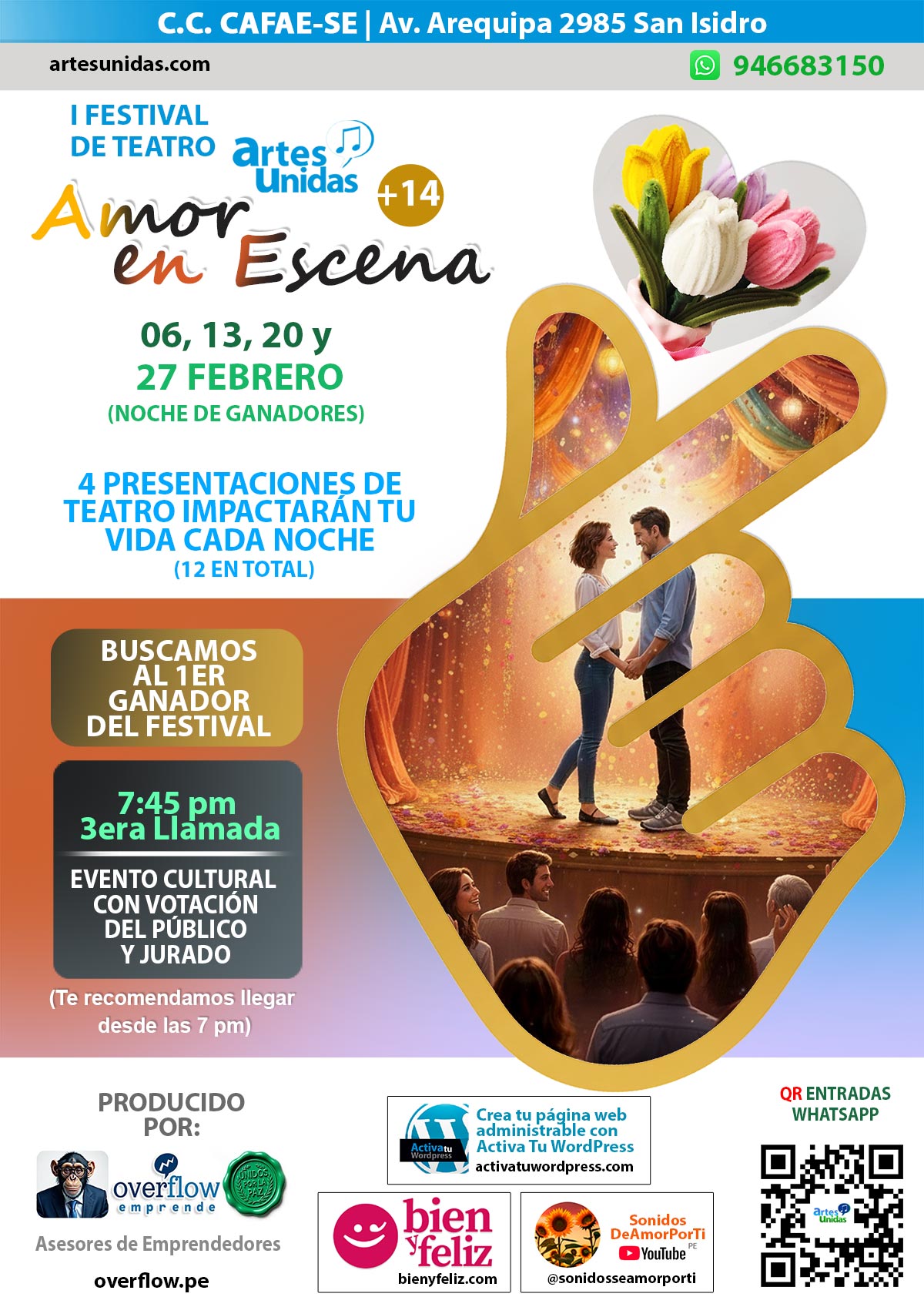 Afiche Oficial del 1er Festival de Teatro Artes Unidas "AMOR EN ESCENA" Únete y elige a los finalistas y ganadores