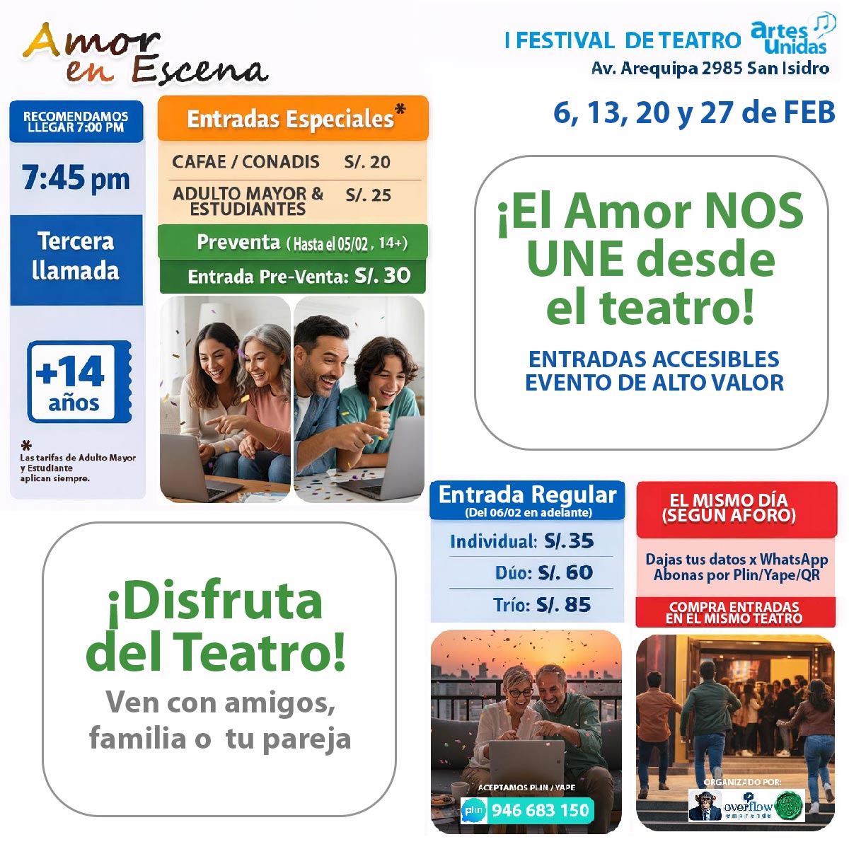 Reserva de entradas 1er Festival de Teatro Artes Unidas "Amor en Escena" 6, 13, 20 y 27 de Febrero